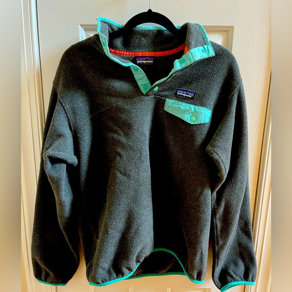 Patagonia Fleece Pullover, Gray with Aqua Details, Button Collar, Men's Large